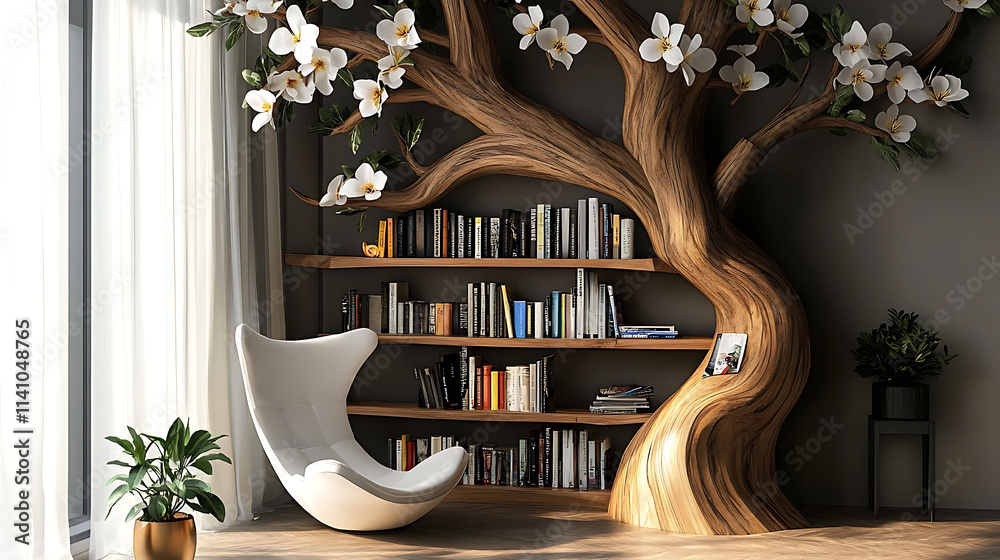 Poster Creative and nature-inspired bookshelf design resembling a tree with flowering branches