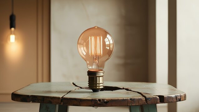 An old-fashioned light bulb rests on a rustic wooden table, showcasing its vintage design and warm ambiance