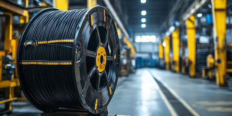 Industrial cable drum with yellow and black cables neatly coiled, set in a large manufacturing facility with blurred background machinery.