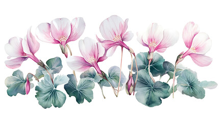 Cyclamen themed frame or border for photos, with delicate pink and white blooms, watercolor illustration, white color background