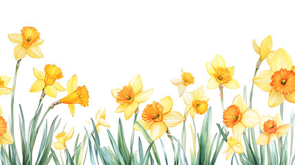 Daffodil field frame or border, watercolor illustration, perfect for nursery art, simple clipart, single object, white color background, for greeting cards weddings or birthdays