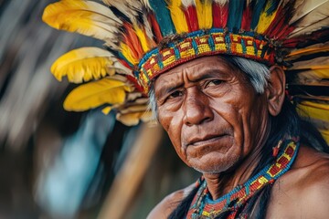 Obraz premium Bora tribe member in traditional costume Amazon River Basin.