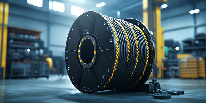 Industrial cable drum with yellow and black cables neatly coiled, set in a large manufacturing facility with blurred background machinery.