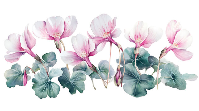 Fototapeta Cyclamen themed frame or border for photos, with delicate pink and white blooms, watercolor illustration, white color background
