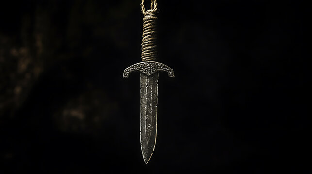 Damocles dagger hanging by a thread, on black background