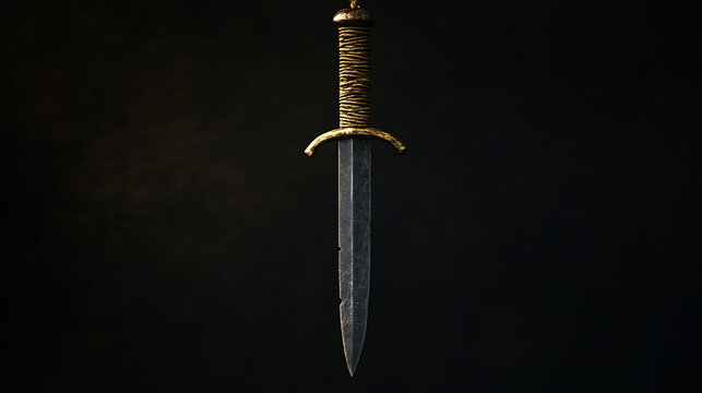 Damocles dagger hanging by a thread, on black background