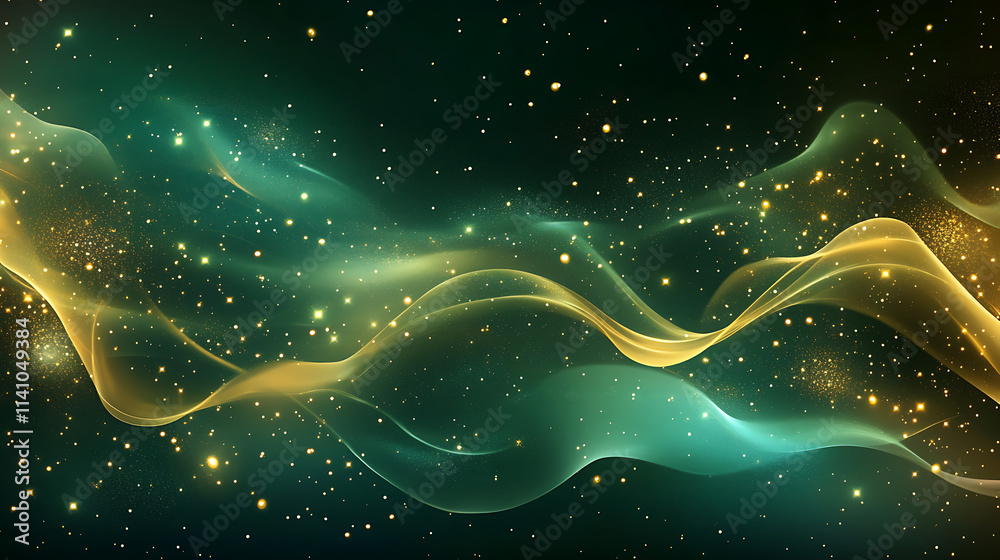 Poster dark green and gold background with a digital space filled with glowing particles, stars and a flowi