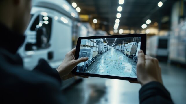 A camera capturing the moment a logistics team utilizes tablets for tracking deliveries with a map interface enhanced by the realtime capabilities offered by 5G networks. - Powered by Adobe