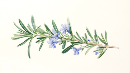 Fototapeta premium Delicate watercolor painting showcasing a sprig of rosemary with its signature needle-like leaves and dainty blue flowers