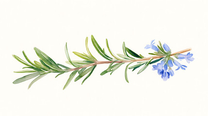 Obraz premium Delicate watercolor painting showcasing a sprig of rosemary with its signature needle-like leaves and dainty blue flowers