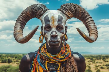 Mursi warrior with traditional horns in Omo Valley  Ethiopia.