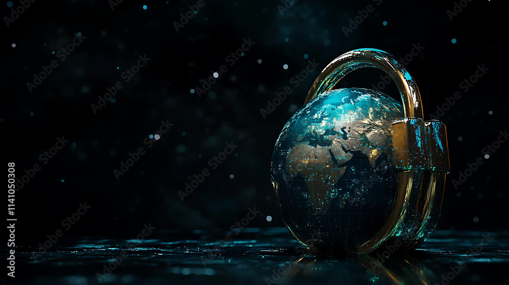 Poster digital lock over a globe in cyberspace, dark background, concept of cybersecurity and global data p