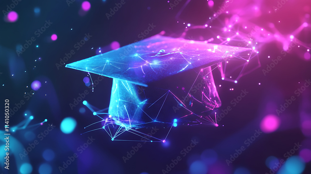 Poster digital illustration of a graduation cap made from glowing data connections, representing the impact