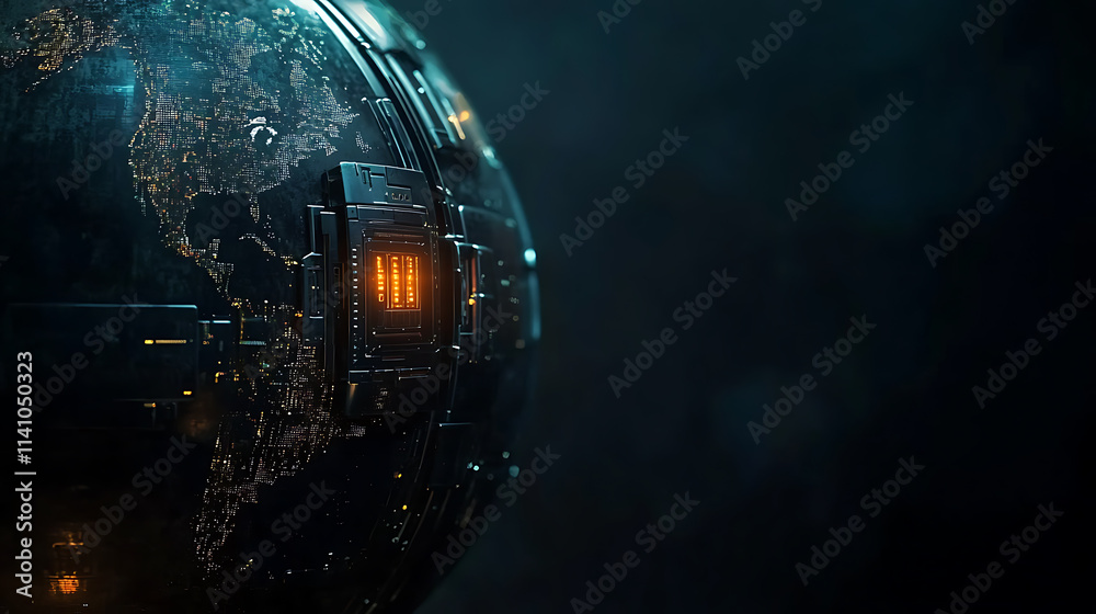 Aufkleber digital lock over a globe in cyberspace, dark background, concept of cybersecurity and global data p