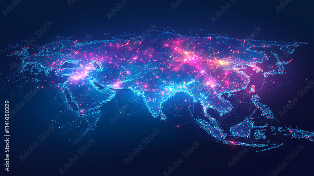 Poster digital map of asia, concept of global network and connectivity, data transfer and cyber technology,