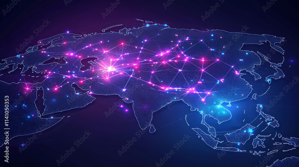 Poster Digital map of asia, concept of global network and connectivity, data transfer and cyber technology, business exchange, information and telecommunication