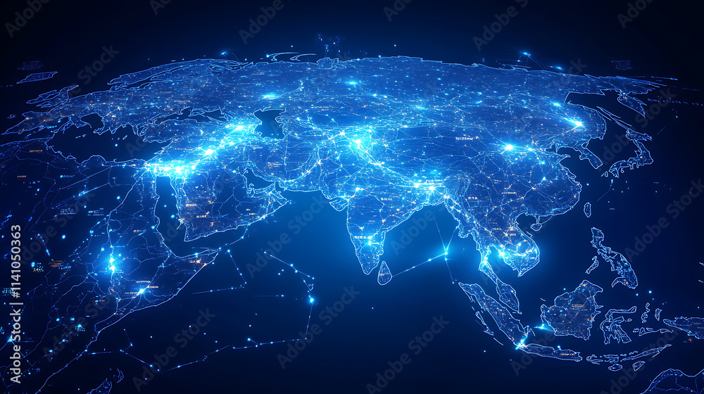 Poster Digital map of asia, concept of global network and connectivity, data transfer and cyber technology, business exchange, information and telecommunication