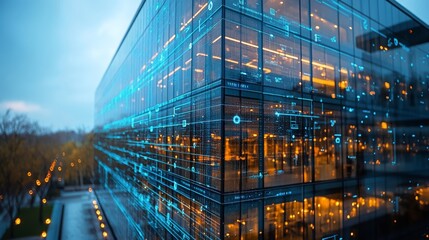 CCTV cameras monitoring activity around a modern office building during twilight hours