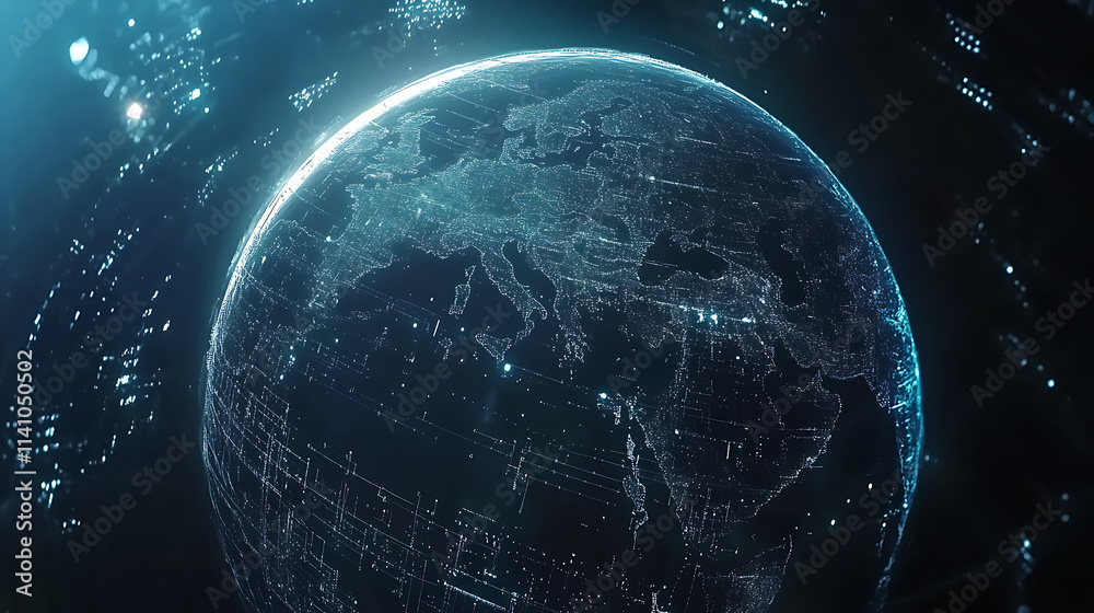 Poster digital world globe centered on europe, concept of global network and connectivity on earth, data tr