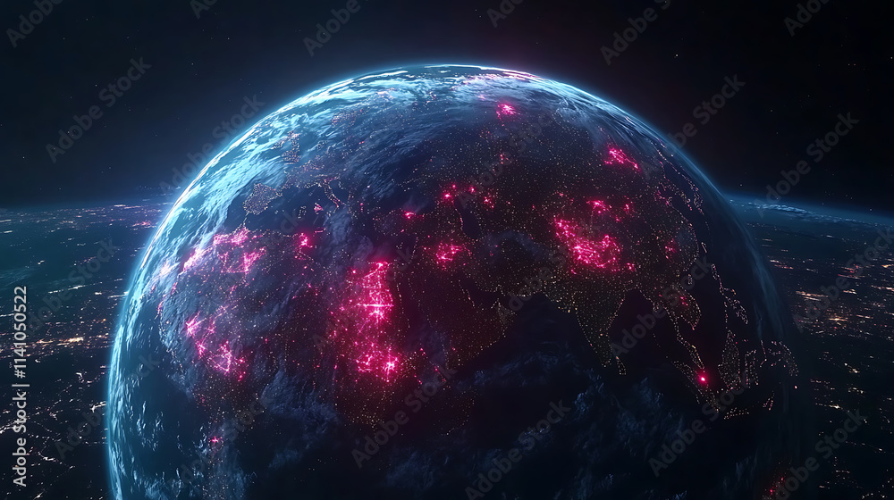 Poster digital world globe centered on europe, concept of global network and connectivity on earth, data tr
