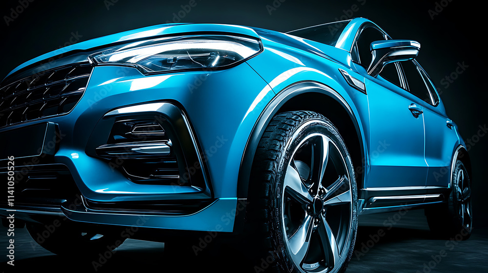 Aufkleber black background, blue suv vehicle with headlights on a dynamic angle showcasing the front of an ele