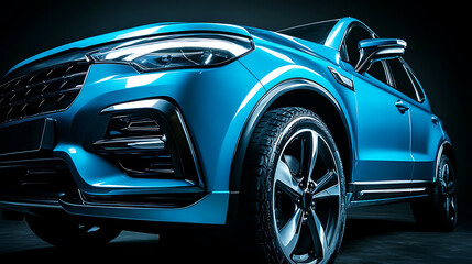 Naklejka premium Black background, blue suv vehicle with headlights on a dynamic angle showcasing the front of an elegant and sporty automobile in a studio setting
