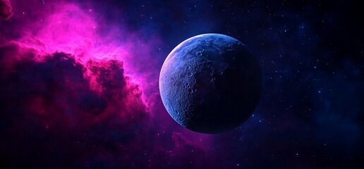 Blue planet in a pink nebula, cosmic scene.