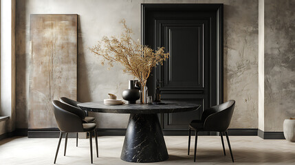 Black marble stone dining table and chairs against stucco wall and door, boho interior design of modern living room