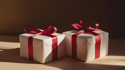 Obraz premium Double delight: two charming white gift boxes tied with red ribbons