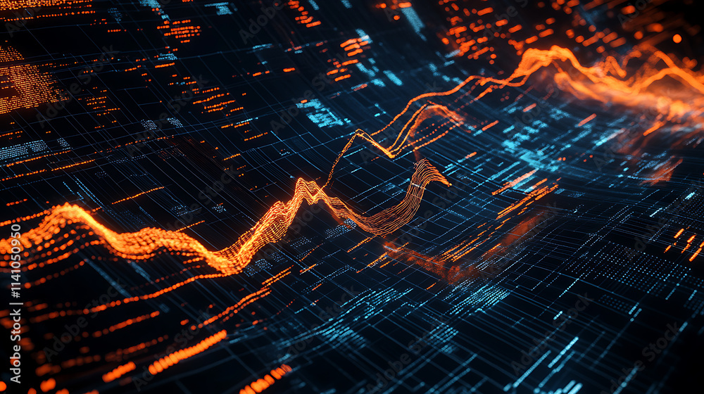 Poster Abstract digital interface with dynamic lines and graphs, on a dark blue and orange background, concept of data analysis