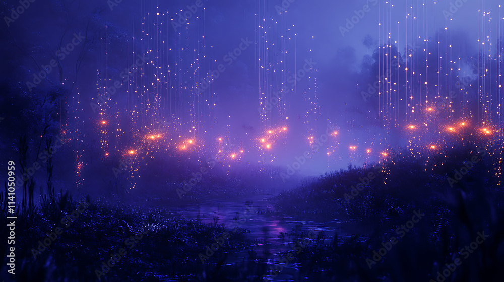 Aufkleber abstract digital landscape with glowing lines and dots on a dark blue background, signifying a data 