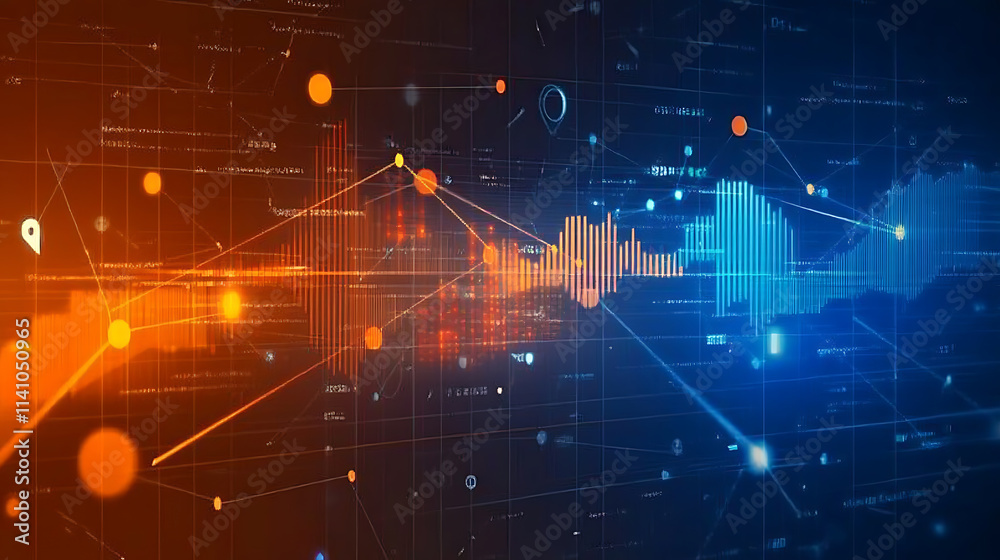 Leinwandbilder abstract digital interface with dynamic lines and graphs, on a dark blue and orange background, conc