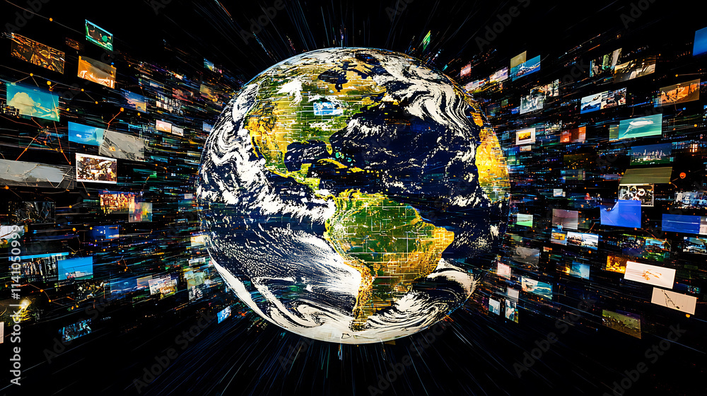 Fototapete Abstract digital globe with global network connections and images of social media and video streaming on the earth, representing online communication in technology concept