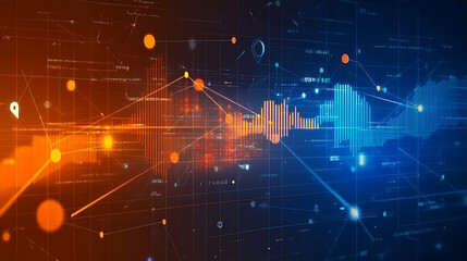 Obraz premium Abstract digital interface with dynamic lines and graphs, on a dark blue and orange background, concept of data analysis