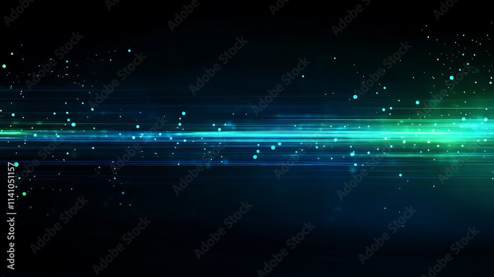 Poster Abstract digital network background banner with glowing light and connecting data dots in black and green colors, big data technology concept