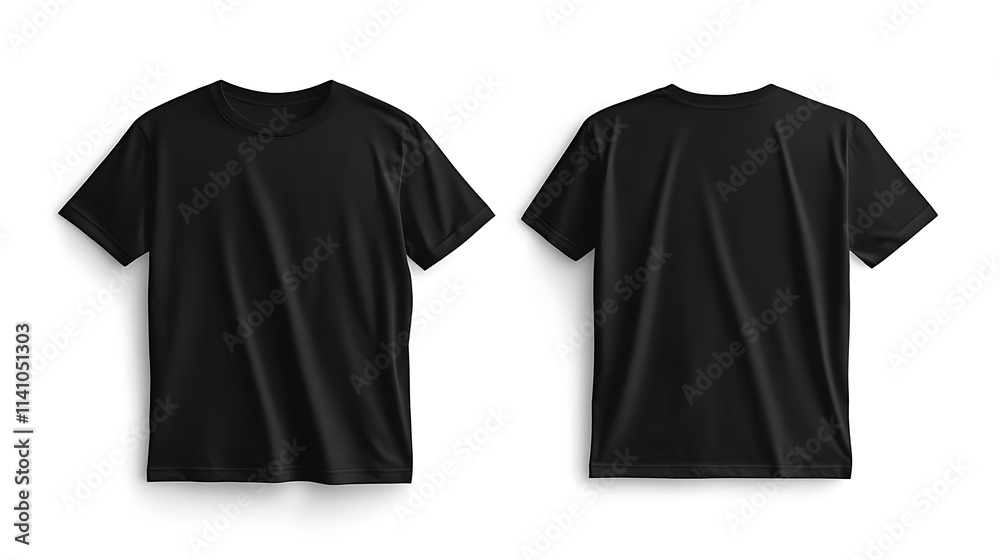 Poster blank black tshirt front and back isolated on white, mock up template for design and print