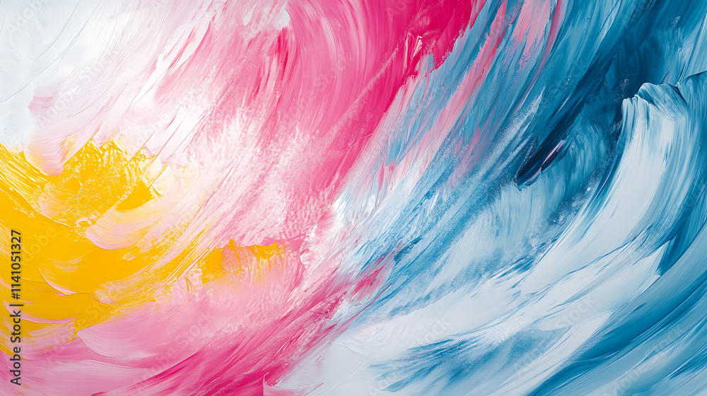 Poster abstract expressionist art with pink, blue, yellow, white and gray brushstrokes creating a dynamic a