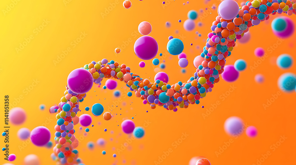 Aufkleber abstract dna helix composed of colorful spheres on a vibrant orange background, ideal for science an