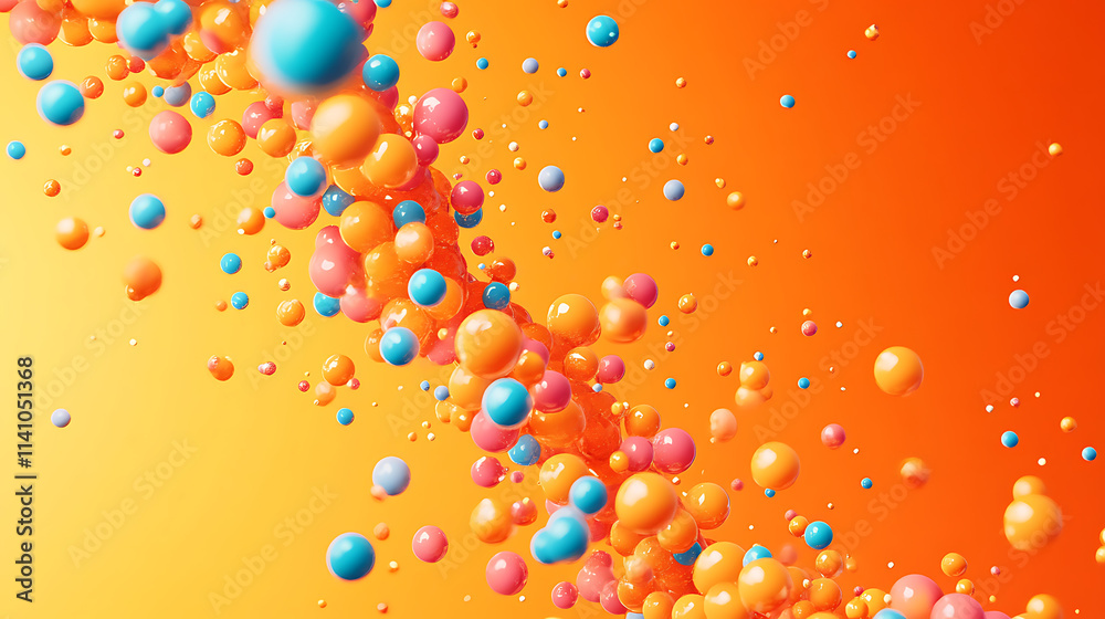 Poster abstract dna helix composed of colorful spheres on a vibrant orange background, ideal for science an