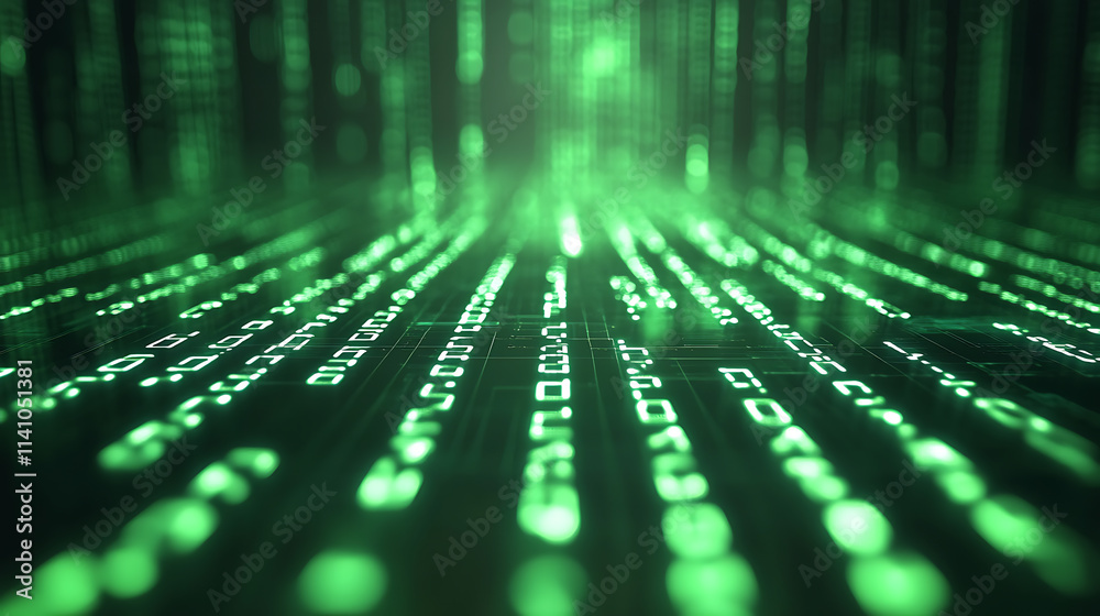 Leinwandbilder Abstract digital waves with binary code on a dark green background, symbolizing data flow