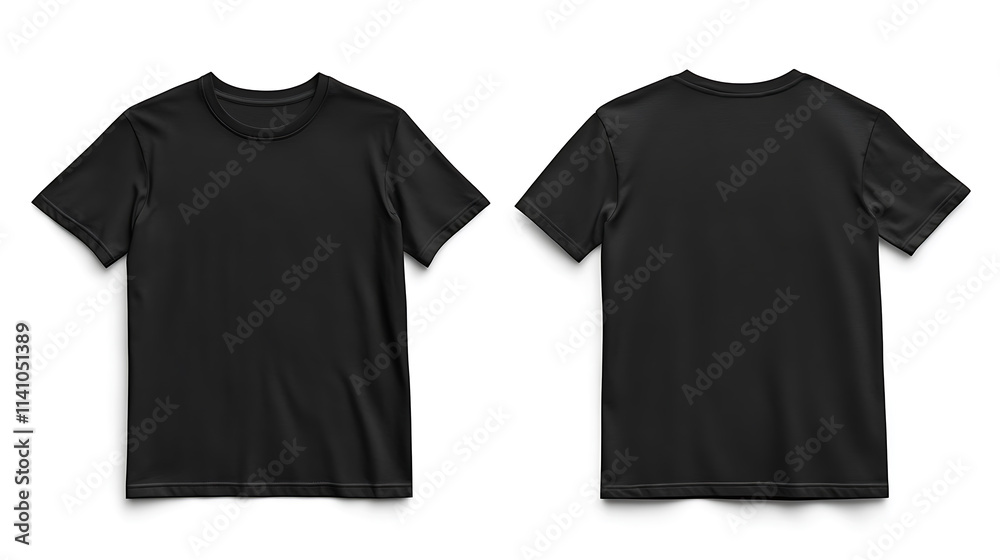 Poster blank black tshirt front and back isolated on white, mock up template for design and print
