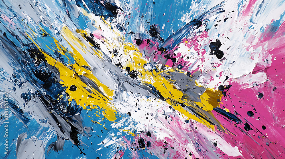 Poster abstract expressionist art with pink, blue, yellow, white and gray brushstrokes creating a dynamic a