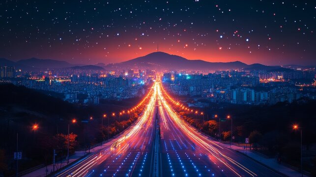 A view of a smart city utilizing edge computing for real-time traffic management at night