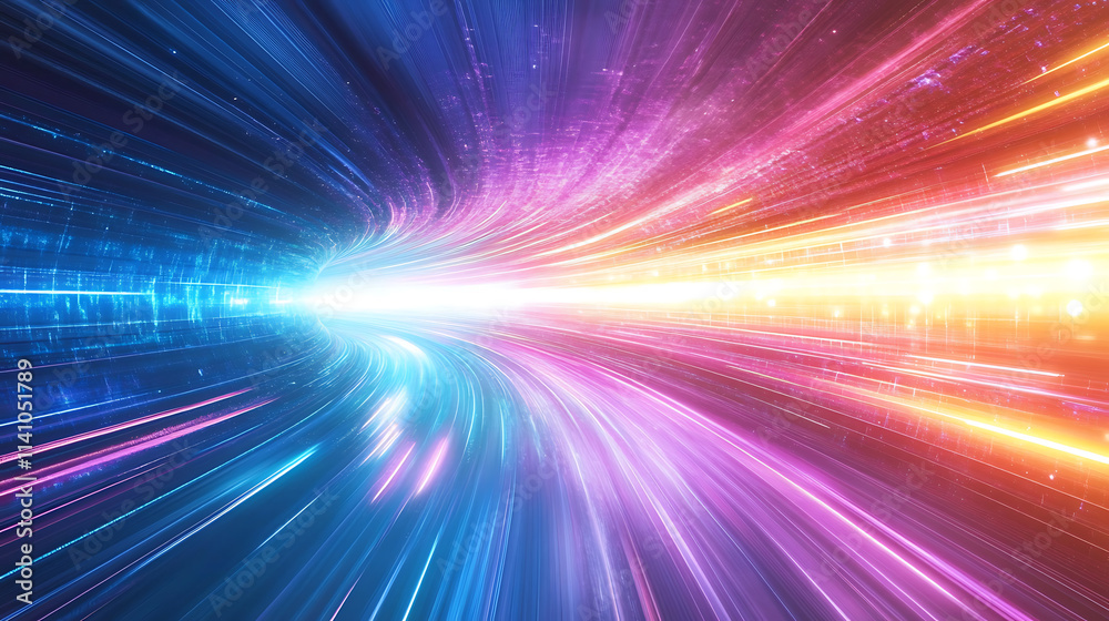 Poster abstract futuristic background portal tunnel with pink blue and green glowing neon moving high speed