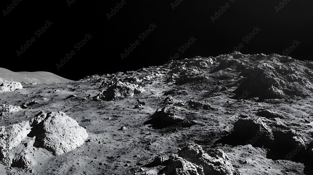 Poster earths distant view from the rocky surface of the moon in space