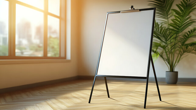Blank whiteboard on a stand in office setting, photorealistic, against an office background, concept of business presentation