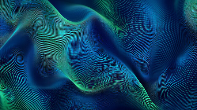 Abstract image featuring blue and green tones, it is a digital binary code wave background