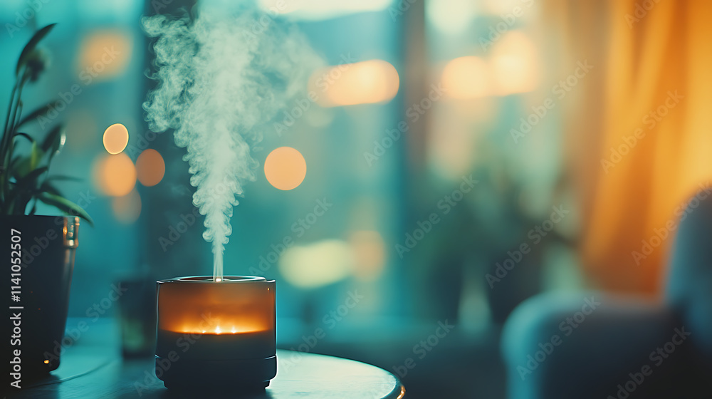 Poster Electric diffuser spreading aromatic vapor in a well-lit room with a blurred background
