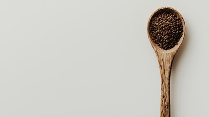 A wooden spoon filled with mustard seeds on a light background, emphasizing culinary use.