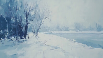 Abstract minimalist winter landscape painting with expressive brushstrokes and subdued colors